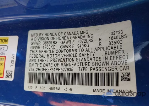 2023 Honda Civic Sport из США, поврежденный, VIN 2HGFE2F51PH527935